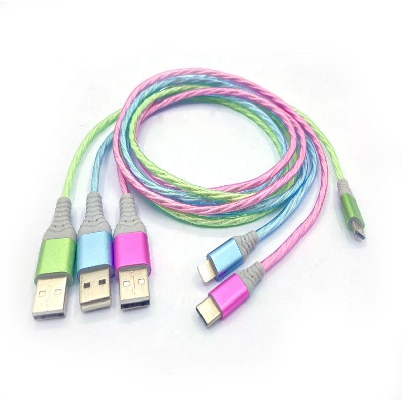 La carga rápida telegrafía 3 EN 1 tipo cable que destella de carga colorido del relámpago del cable de C 3A LED USB