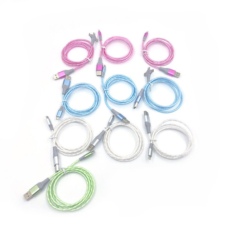 La carga rápida telegrafía 3 EN 1 tipo cable que destella de carga colorido del relámpago del cable de C 3A LED USB
