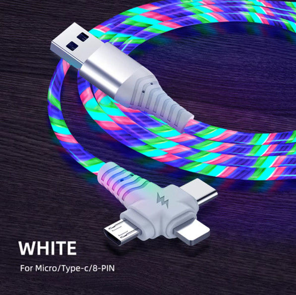 3in1 Flow Iluminación luminosa cable USB para Samsung 3 en 1 2in1 LED Micro USB Tipo C cargador de 8 pines alambre para iPhone Huawei Xiaomi