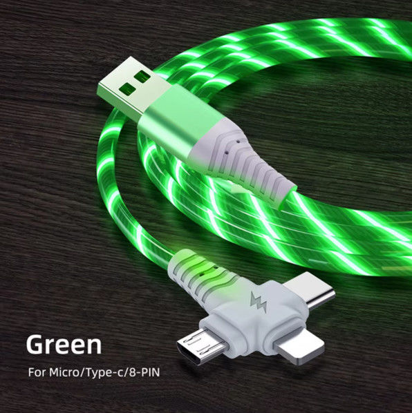 3in1 Flow Iluminación luminosa cable USB para Samsung 3 en 1 2in1 LED Micro USB Tipo C cargador de 8 pines alambre para iPhone Huawei Xiaomi