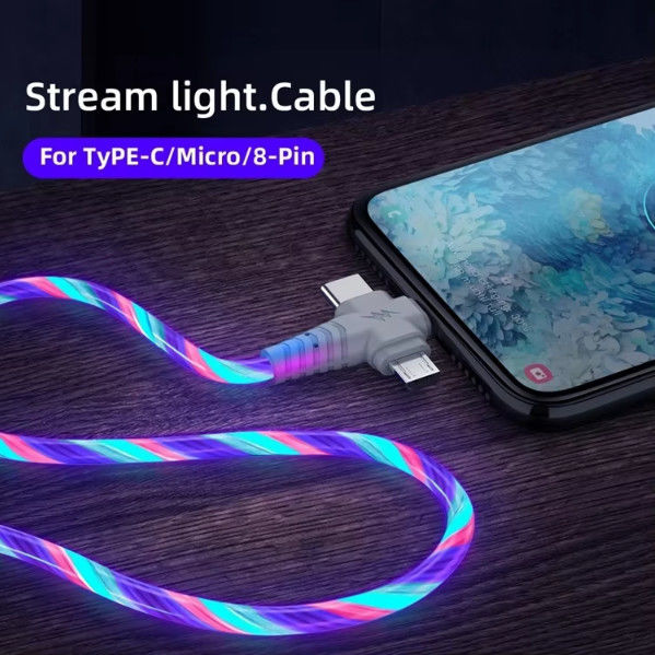 3in1 Flow Iluminación luminosa cable USB para Samsung 3 en 1 2in1 LED Micro USB Tipo C cargador de 8 pines alambre para iPhone Huawei Xiaomi
