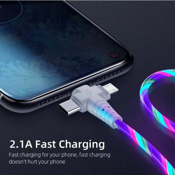 3in1 Flow Iluminación luminosa cable USB para Samsung 3 en 1 2in1 LED Micro USB Tipo C cargador de 8 pines alambre para iPhone Huawei Xiaomi