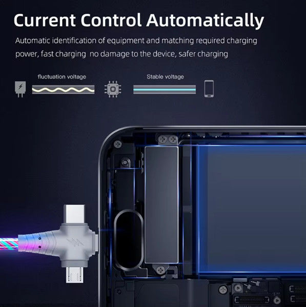 3in1 Flow Iluminación luminosa cable USB para Samsung 3 en 1 2in1 LED Micro USB Tipo C cargador de 8 pines alambre para iPhone Huawei Xiaomi
